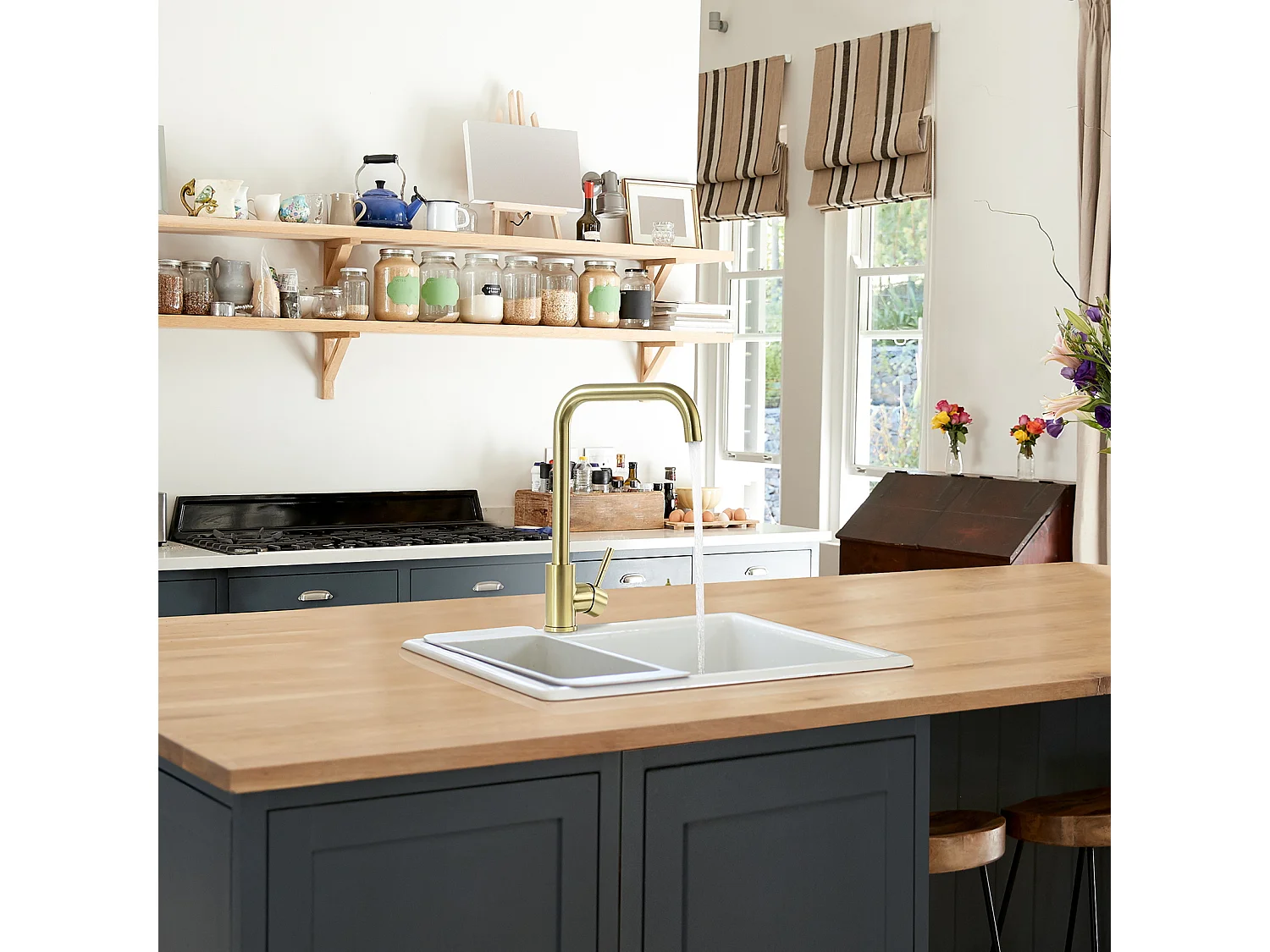 Mezclador Cocina,Grifo Fregadero Flexible Rotativo 360°, Mezclador Cocina Inoxidable con Aireador Desmontable,Dorado Cepillado,7-Forma,Modelo UE