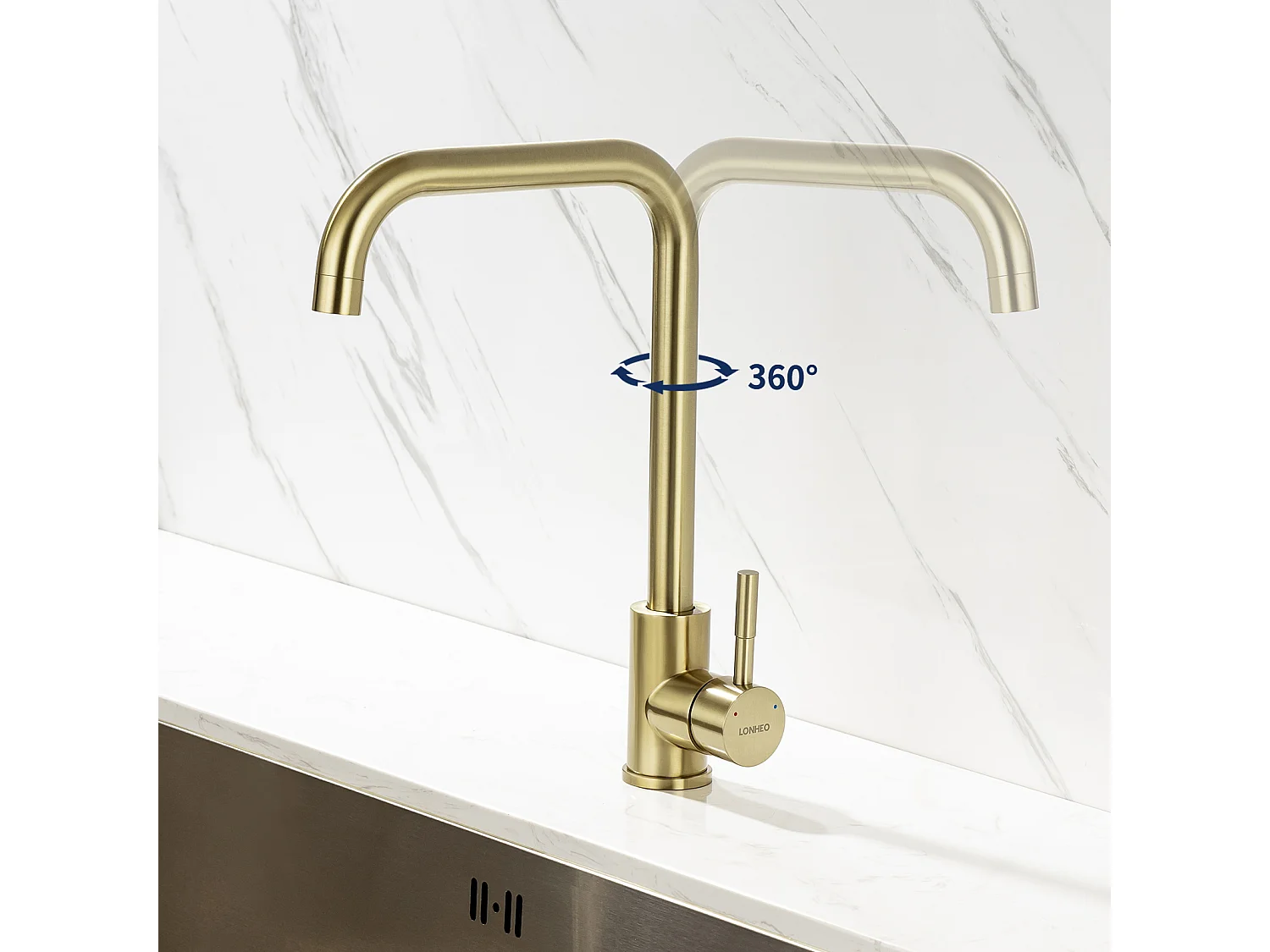 Mezclador Cocina,Grifo Fregadero Flexible Rotativo 360°, Mezclador Cocina Inoxidable con Aireador Desmontable,Dorado Cepillado,7-Forma,Modelo UE