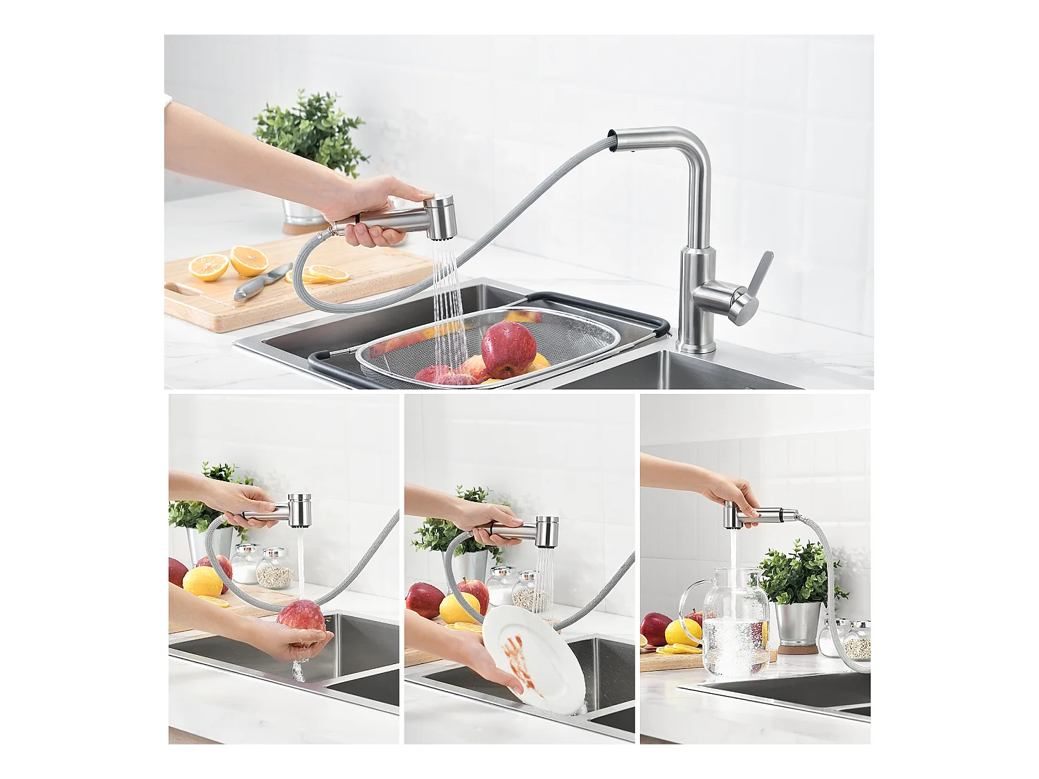 Cecipa max Grifo de Cocina Extraíble Mezclador de Cocina con Ducha Extraíble de 40 CM y 2 Chorros de Agua Fría y Caliente Cepillado, Modelo UE