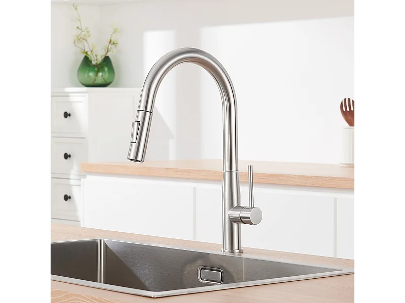 Rubinetto cucina AuraLum Max,Miscelatore lavello inossidabile con doccetta estraibile,acqua fredda/calda rotante a 360°,Spazzolato,Modello UE