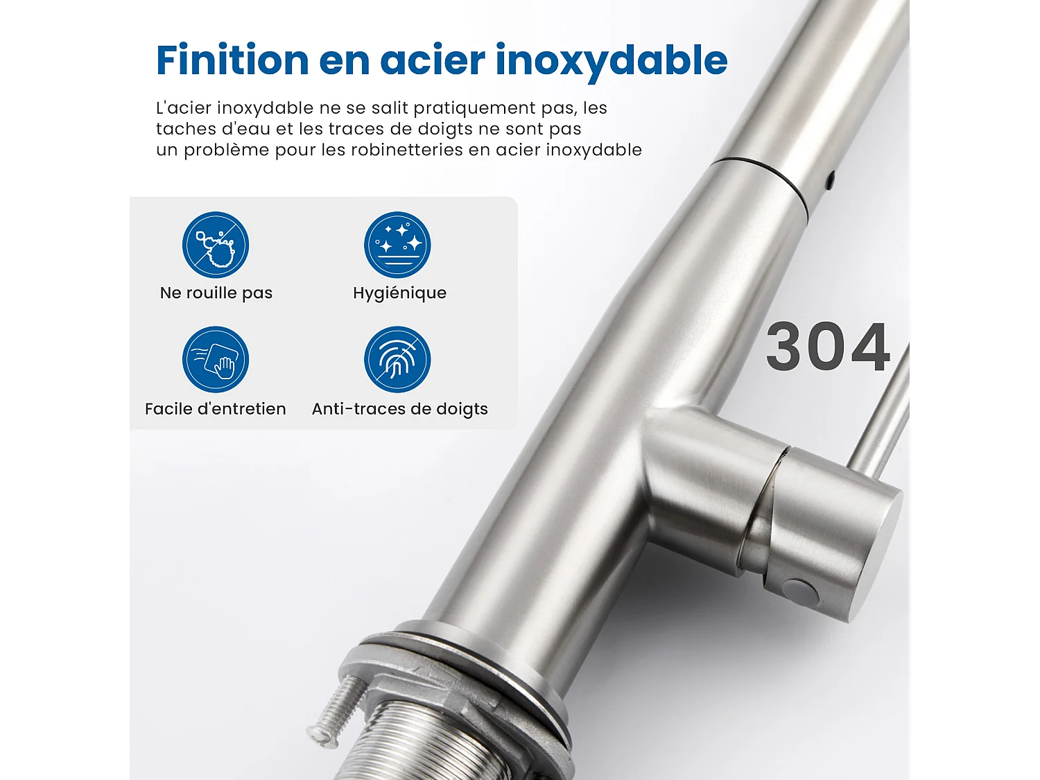 AuraLum Max Robinet Cuisine,Mitigeur Évier Inox avec Douchette Extractible,2 Modes Jets Eau Froide/Chaude Rotatif 360°,en Forme de U,Brossé,EU Modèle