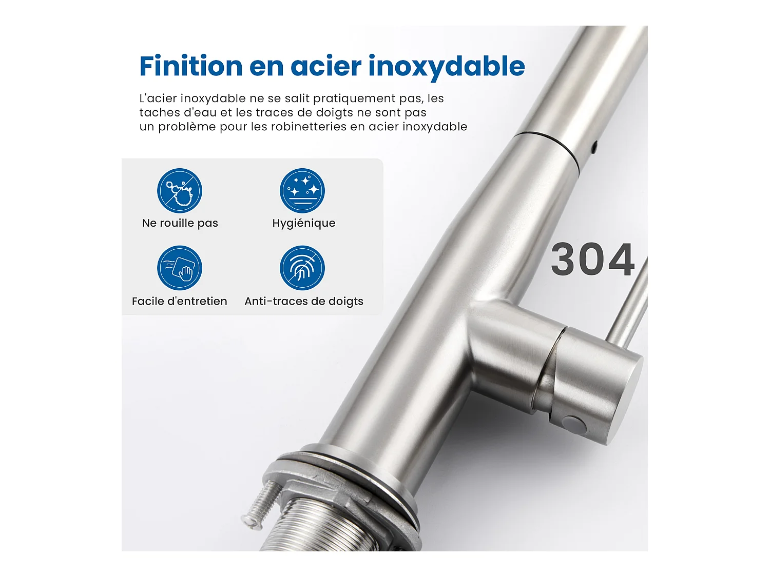 AuraLum Max Robinet Cuisine,Mitigeur Évier Inox avec Douchette Extractible,2 Modes Jets Eau Froide/Chaude Rotatif 360°,en Forme de U,Brossé,EU Modèle