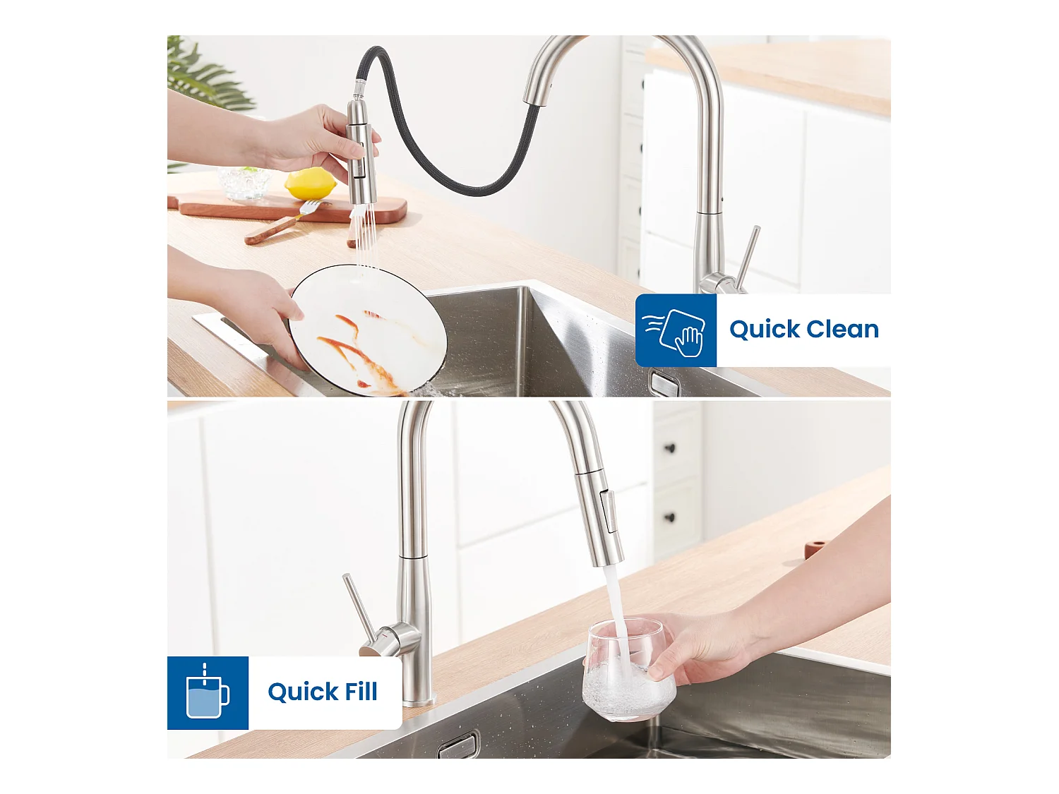 AuraLum Max Robinet Cuisine,Mitigeur Évier Inox avec Douchette Extractible,2 Modes Jets Eau Froide/Chaude Rotatif 360°,en Forme de U,Brossé,EU Modèle