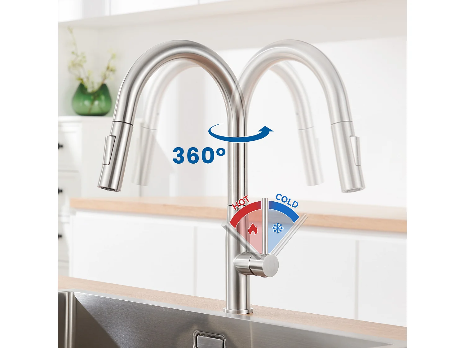 AuraLum Max Robinet Cuisine,Mitigeur Évier Inox avec Douchette Extractible,2 Modes Jets Eau Froide/Chaude Rotatif 360°,en Forme de U,Brossé,EU Modèle