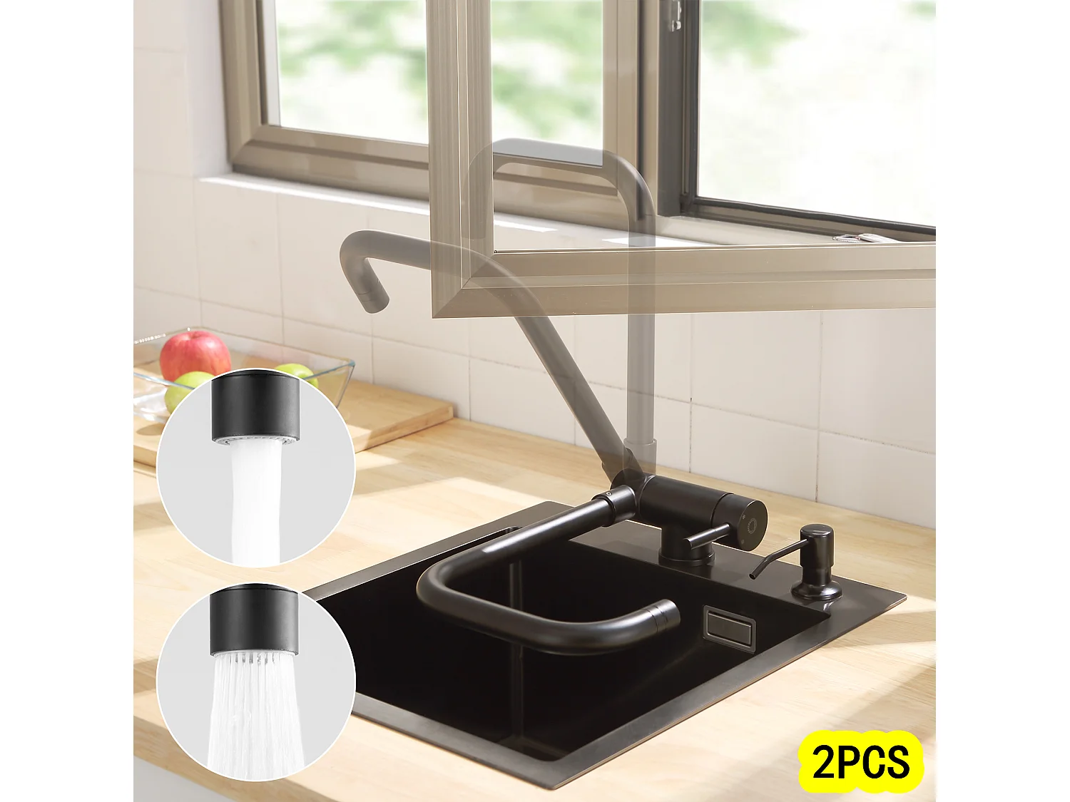 Cecipa max Mezclador de fregadero abatible de 2 piezas - Grifo de cocina de acero inoxidable frente a la ventana - 2 modos de pulverización - Negro, modelo UE