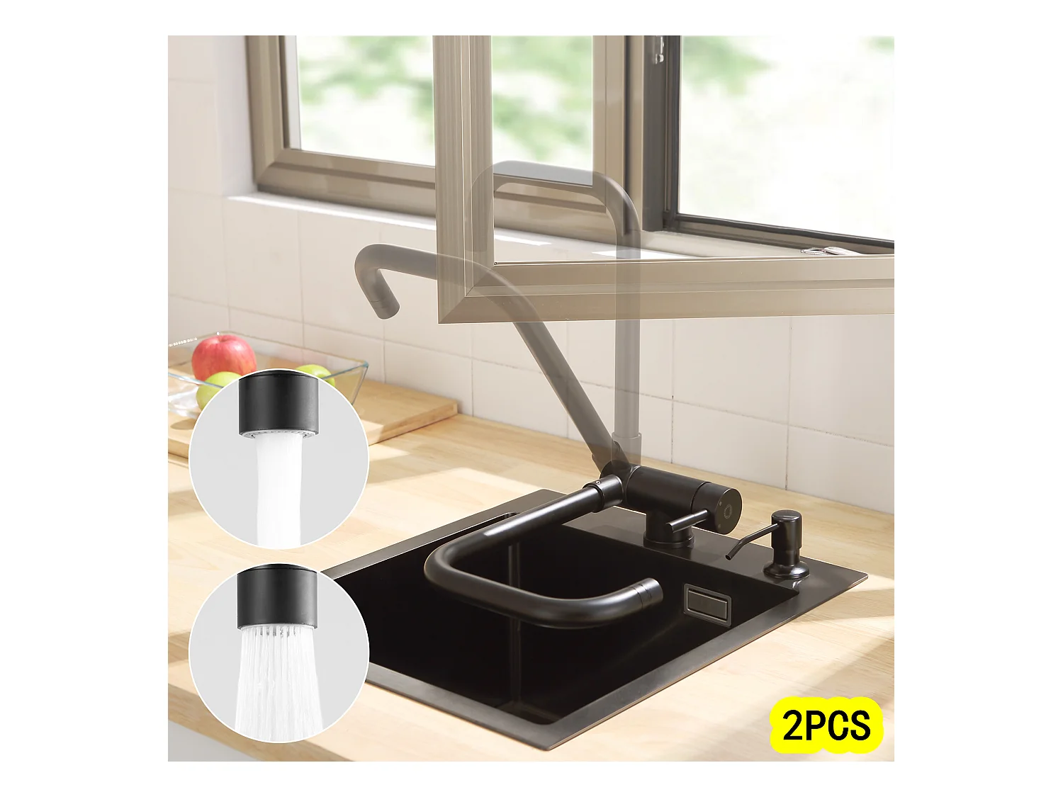 Cecipa max 2PCS Mitigeur de Evier Rabattable - Robinet de Cuisine en Acier Inoxydable devant Fenêtre - 2 Modes de pulvérisat - Noir,EU Modèle