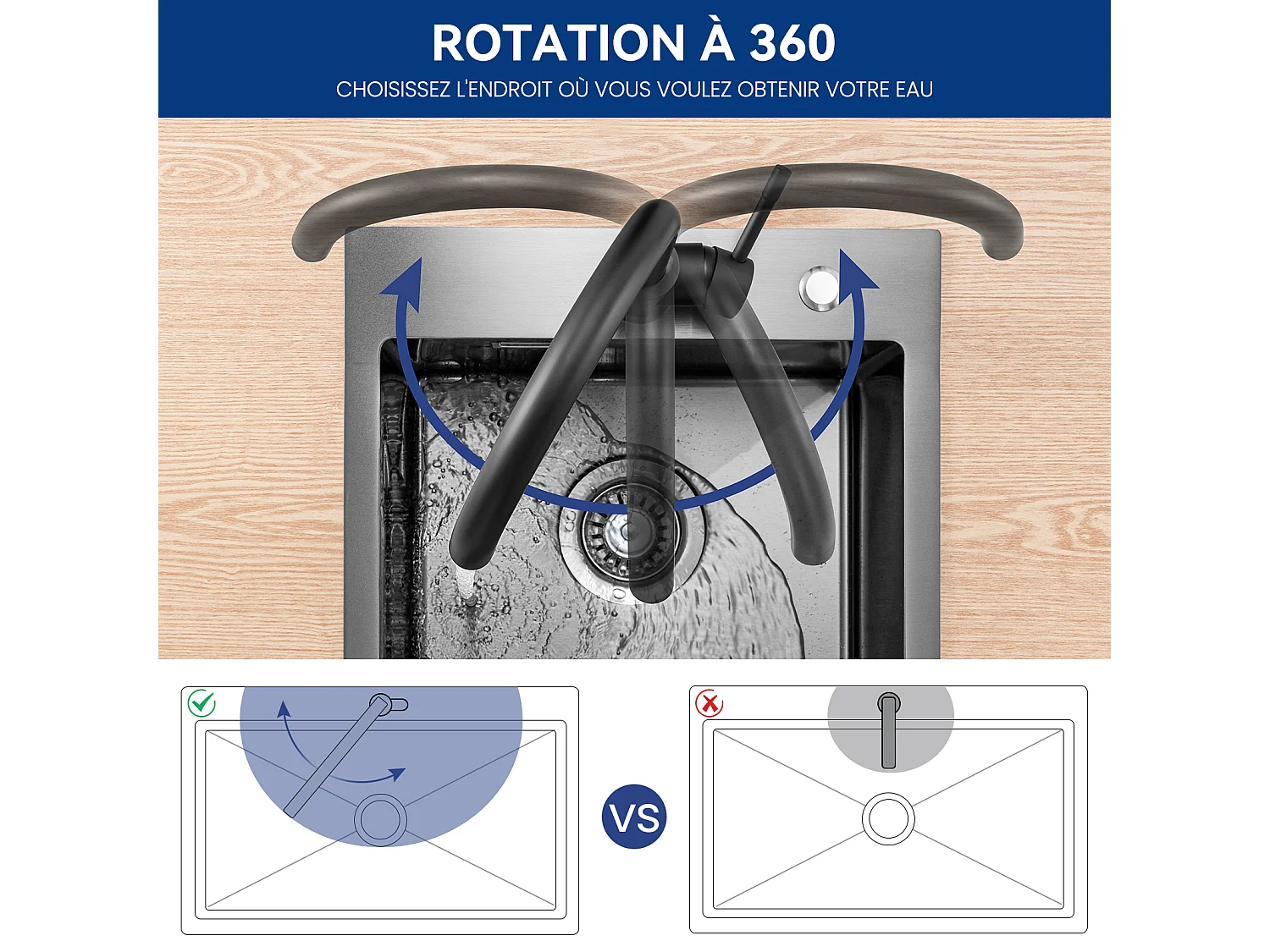 360° Draaibare Keukenmengkraan Elegante Hoge Uitloop Wastafelkraan met Afneembare Romper voor Keuken, Warm en Koud Water, Zwart