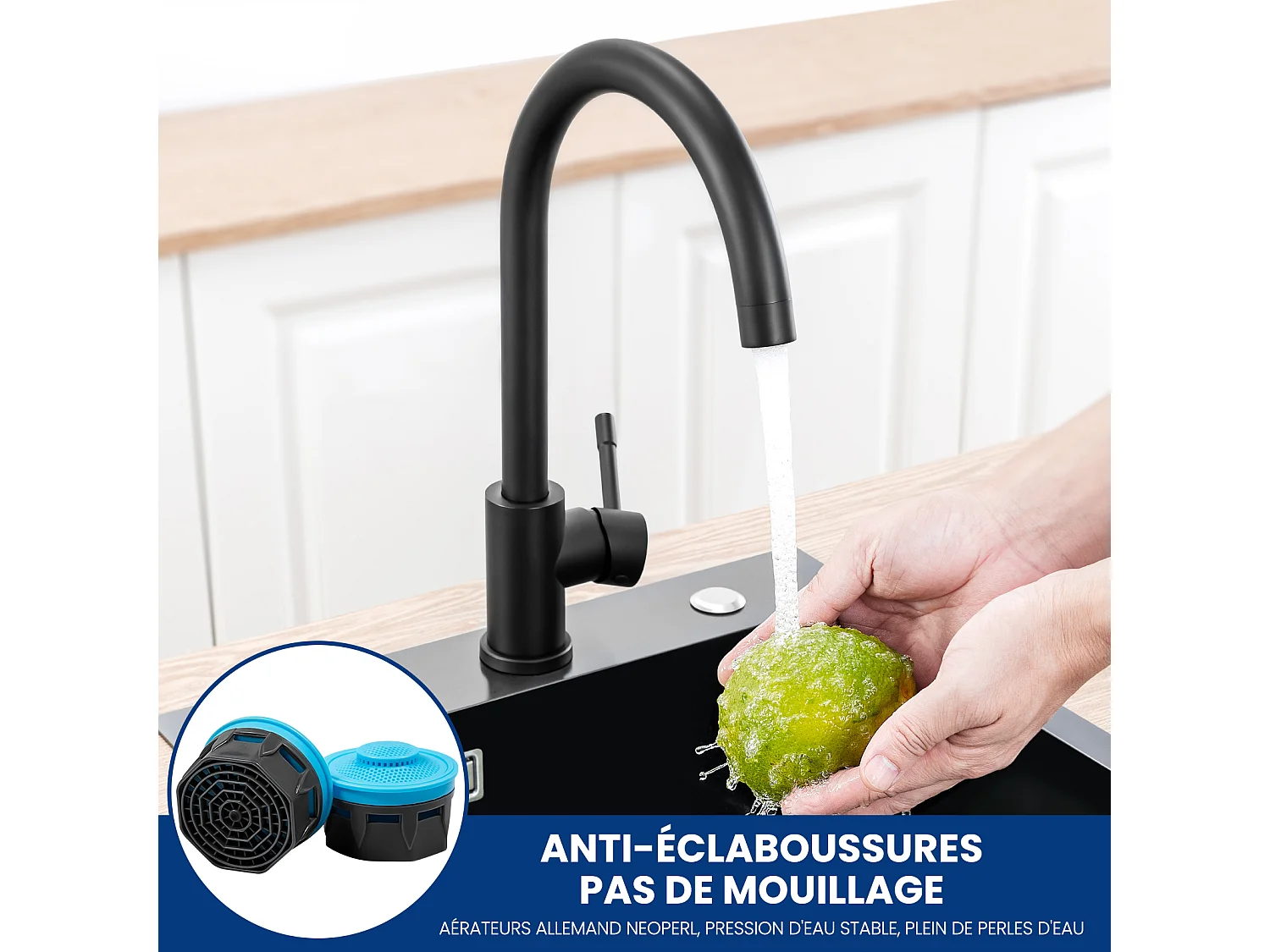 Mitigeur de Cuisine Pivotant à 360° Elégant Robinet d'évier Bec Haut avec Barboteur Démontable pour Cuisine, à Eau Chaude et Froide, Noir