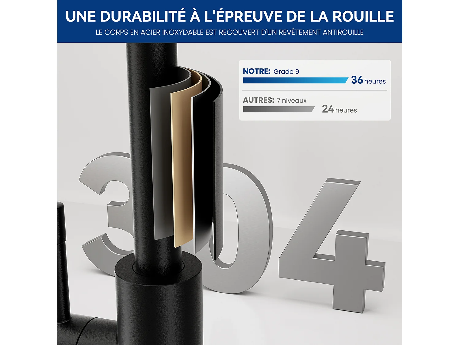 Mitigeur de Cuisine Pivotant à 360° Elégant Robinet d'évier Bec Haut avec Barboteur Démontable pour Cuisine, à Eau Chaude et Froide, Noir