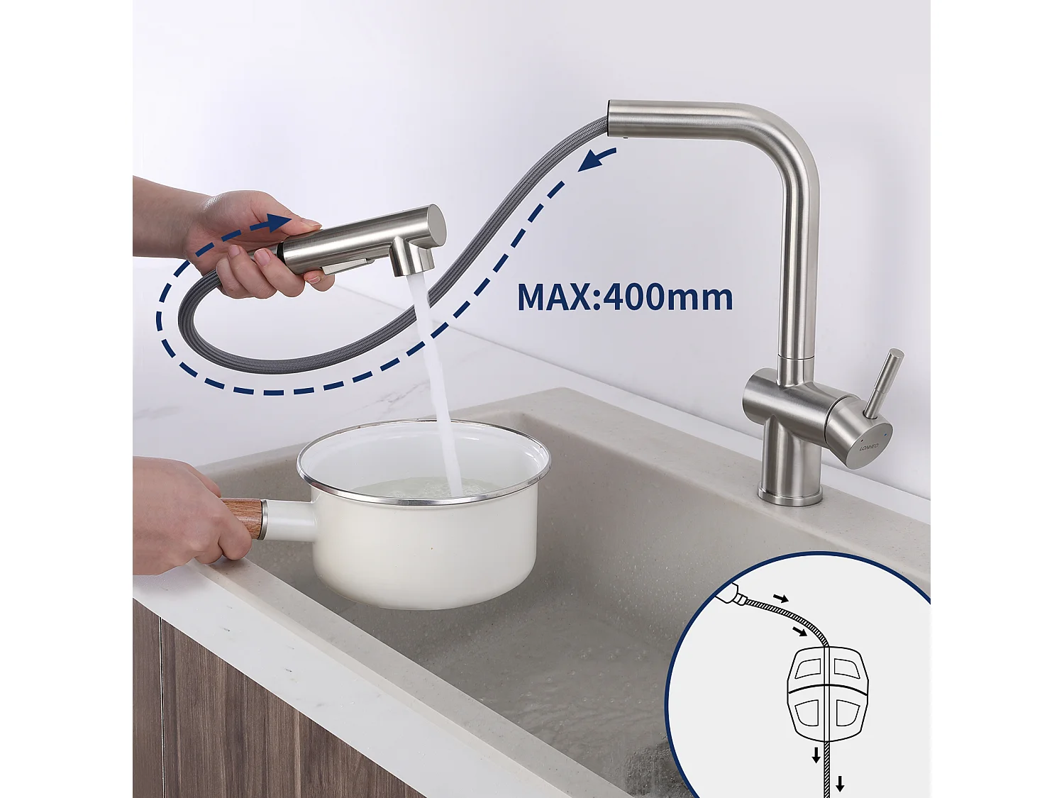 2PCS Miscelatore cucina con doccetta Rubinetto Doccetta lavello estraibile a due getti Miscelatore lavello Beccuccio alto girevole 360°,Modello UE