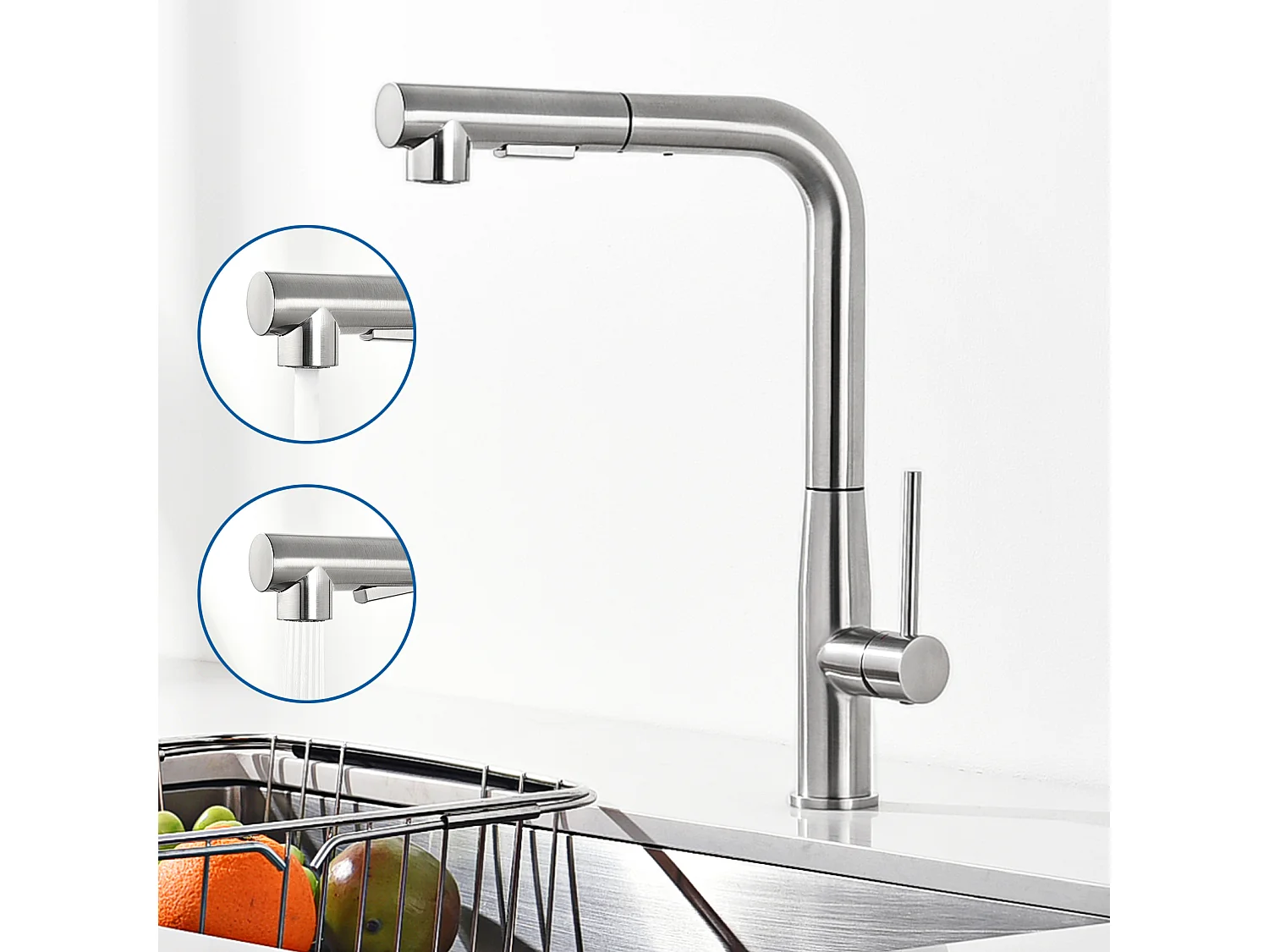 Mitigeur Cuisine extractible Brossé,Acier Inoxydable304,Évier Mélangeur 2 Modes Jets Eau Chaude/Froide,Robinet Télescopique pour Évier Légumes