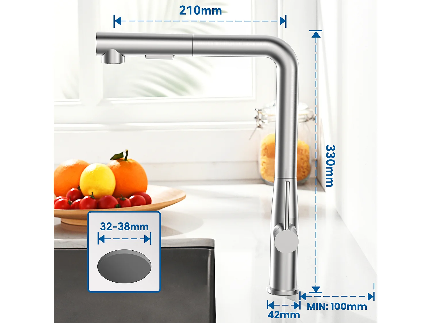 Mitigeur Cuisine extractible Brossé,Acier Inoxydable304,Évier Mélangeur 2 Modes Jets Eau Chaude/Froide,Robinet Télescopique pour Évier Légumes