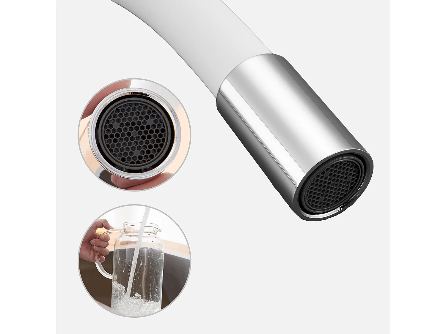 Mezclador Cocina Flexible Blanco,Grifo Cocina,Pivotante 360°,Mezclador d'Fregadero con manguera de silicona flexible, agua caliente y fría