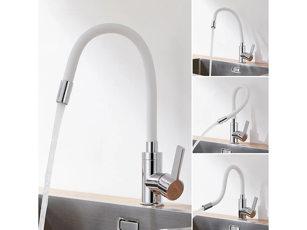 Weißer flexibler Küchenmischhahn, 360° schwenkbarer Küchenhahn, Spültischarmatur mit flexiblem Silikonschlauch, heißes und kaltes Wasser