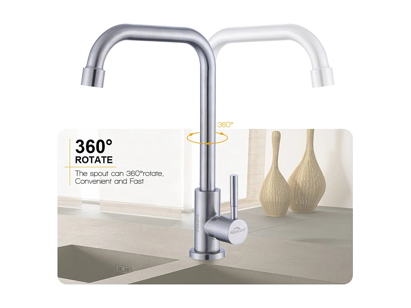2pcs Auralum max Grifo de Cocina de Agua Fría, Pivotante de 360°, Grifo de Fregadero de Agua Fría de Palanca Única, Acero Inoxidable- Cepillado