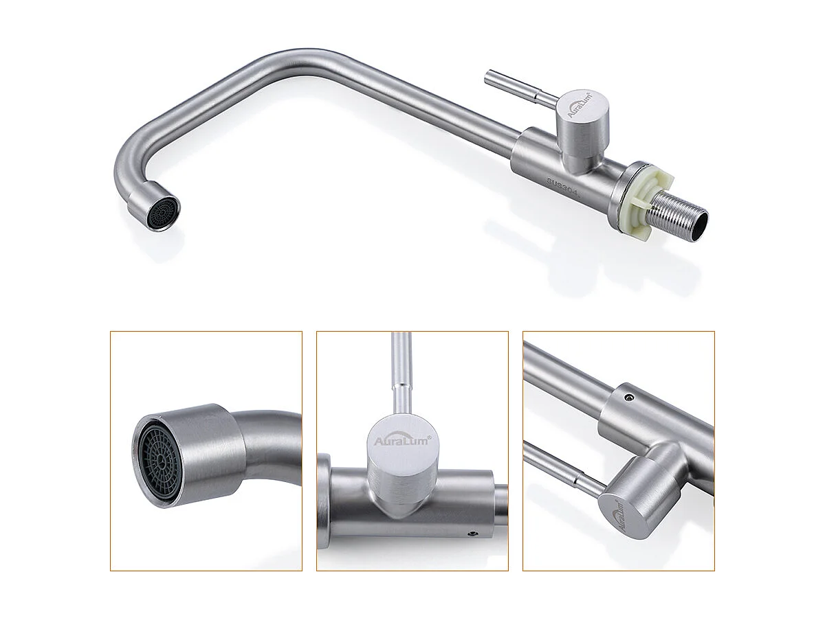 2pcs Auralum max Grifo de Cocina de Agua Fría, Pivotante de 360°, Grifo de Fregadero de Agua Fría de Palanca Única, Acero Inoxidable- Cepillado