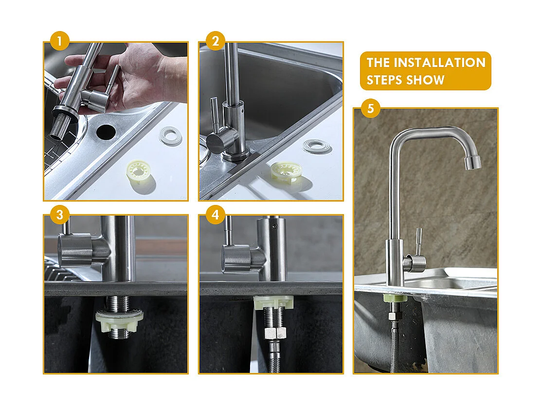 2pcs Auralum max Grifo de Cocina de Agua Fría, Pivotante de 360°, Grifo de Fregadero de Agua Fría de Palanca Única, Acero Inoxidable- Cepillado