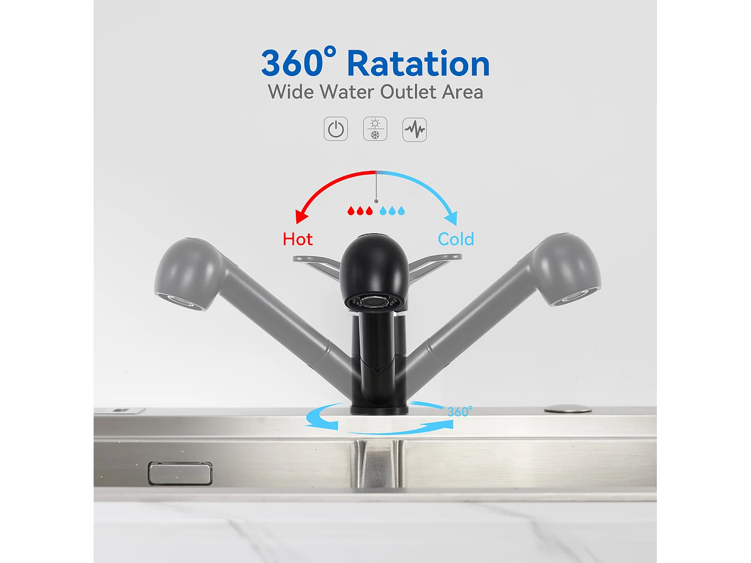 Mitigeur de Cuisine Noir avec Douchette Extractible 2 Jets Robinet Évier à 360° en Laiton Robinetterie avec Monotrou L'eau Froide et Chaude
