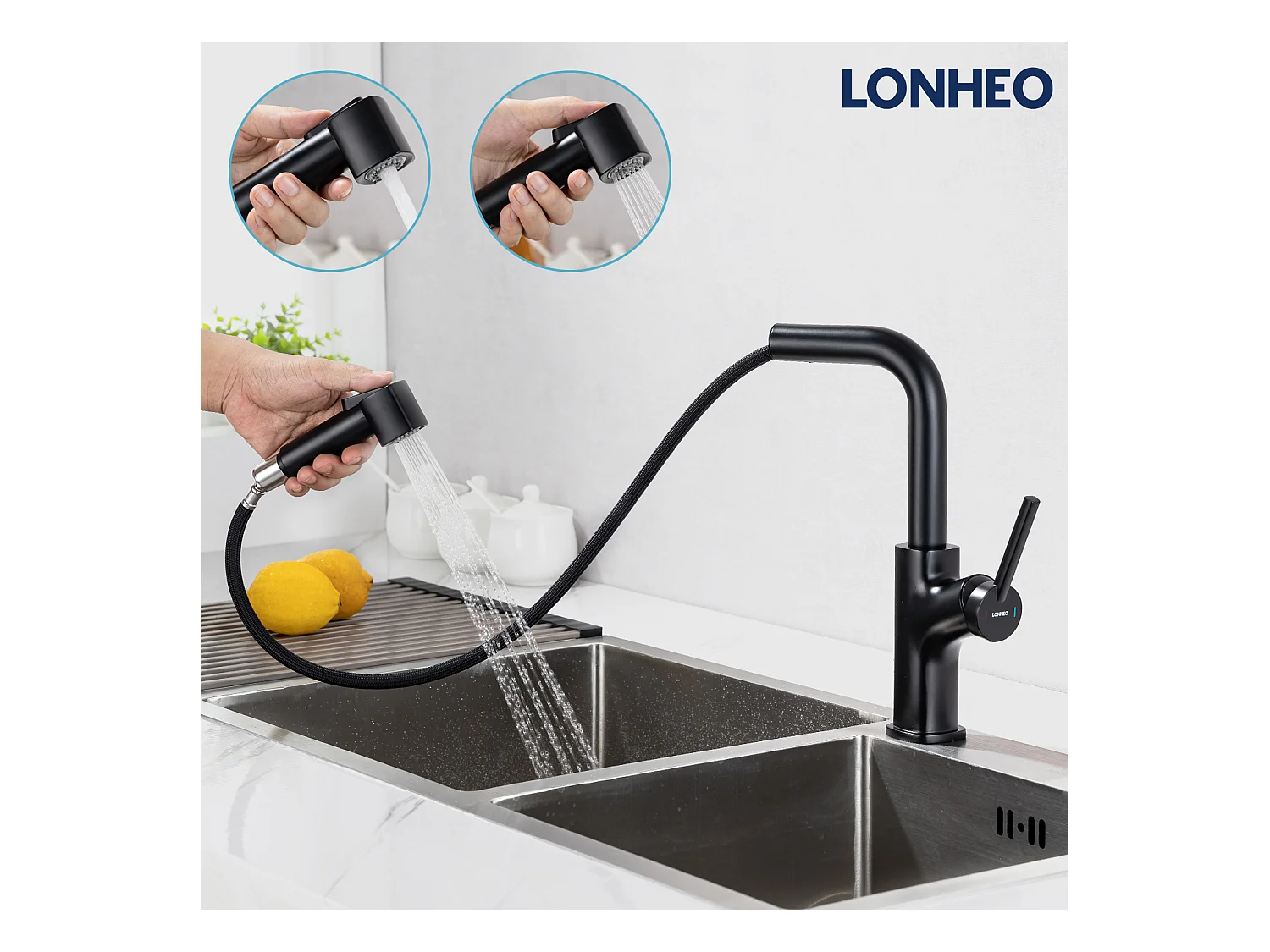 Mitigeur Cuisine Noir avec Douchette Extensible,Robinet Cuisine avec 2 Jets,Mitigeur Evier Rotatif à 360°,Robinet Evier Eau Chaude et Froide