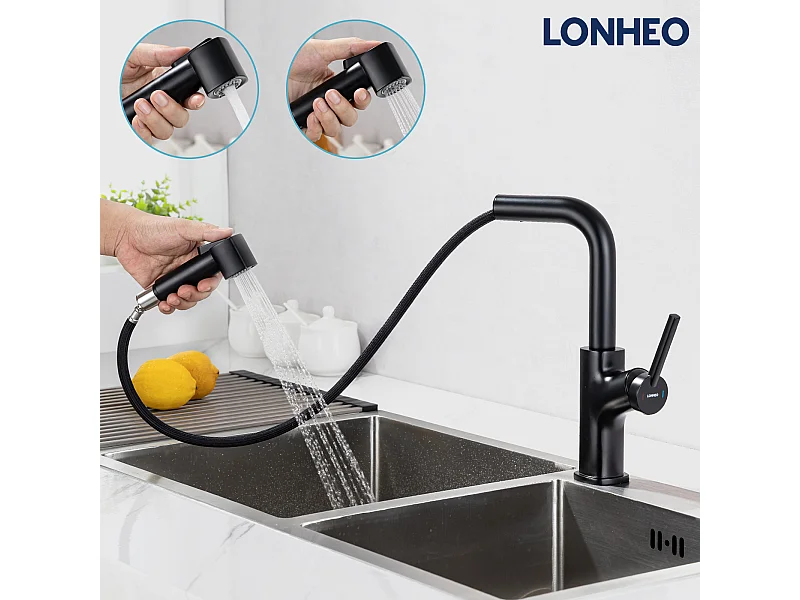 Mitigeur Cuisine Noir avec Douchette Extensible,Robinet Cuisine avec 2 Jets,Mitigeur Evier Rotatif à 360°,Robinet Evier Eau Chaude et Froide