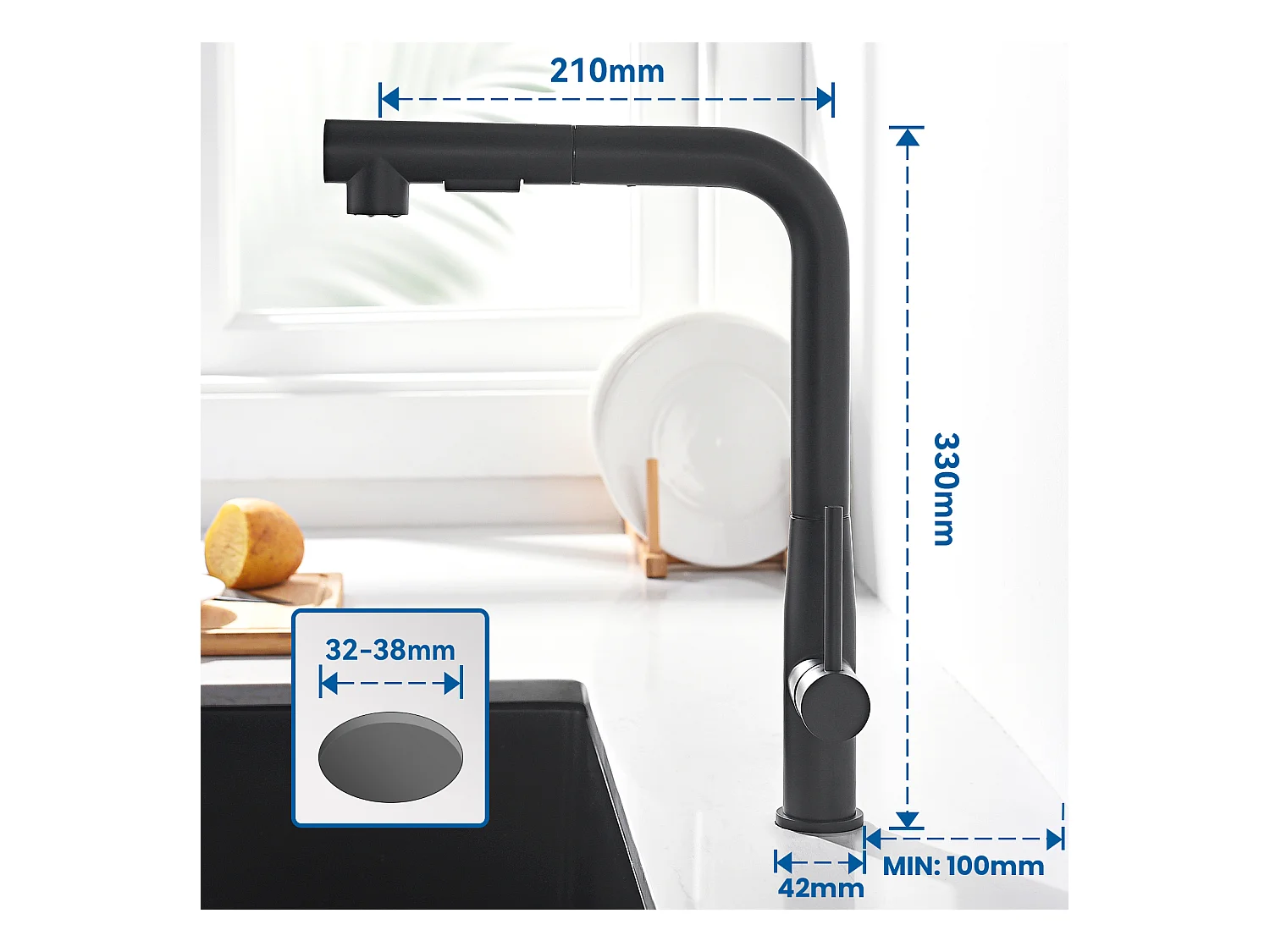 2PCS AURALUM MAX Robinet Cuisine, Mitigeur d'Évier Inox avec Douchette Extractible,2 Modes Jets Eau Froide/Chaude Rotatif à 360° ,Bec en Forme L,Noir