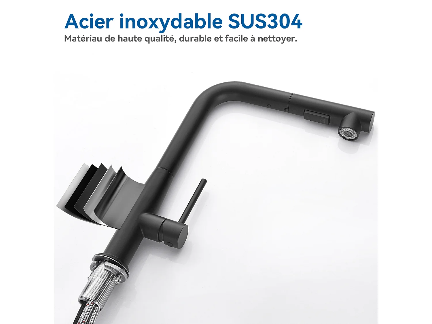 2PCS AURALUM MAX Robinet Cuisine, Mitigeur d'Évier Inox avec Douchette Extractible,2 Modes Jets Eau Froide/Chaude Rotatif à 360° ,Bec en Forme L,Noir