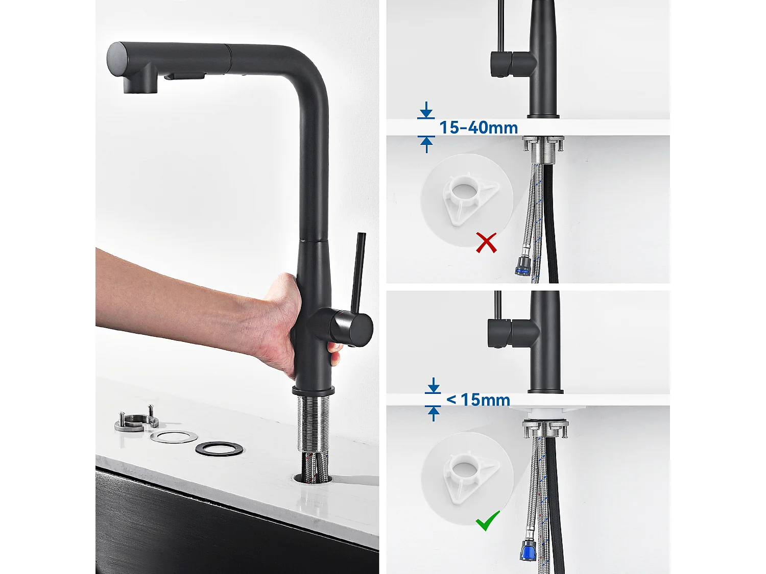 2PCS AURALUM MAX Robinet Cuisine, Mitigeur d'Évier Inox avec Douchette Extractible,2 Modes Jets Eau Froide/Chaude Rotatif à 360° ,Bec en Forme L,Noir