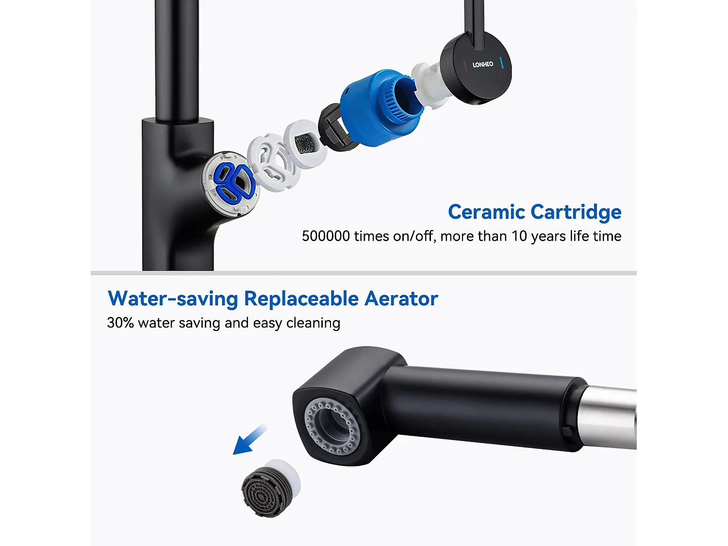 2pcs Robinet de Cuisine Noir avec Douchette Extractible Mitigeur Cuisine Rotatif à 360 ° Robinet d'Évier 2 Fonctions avec Barboteur Démotable