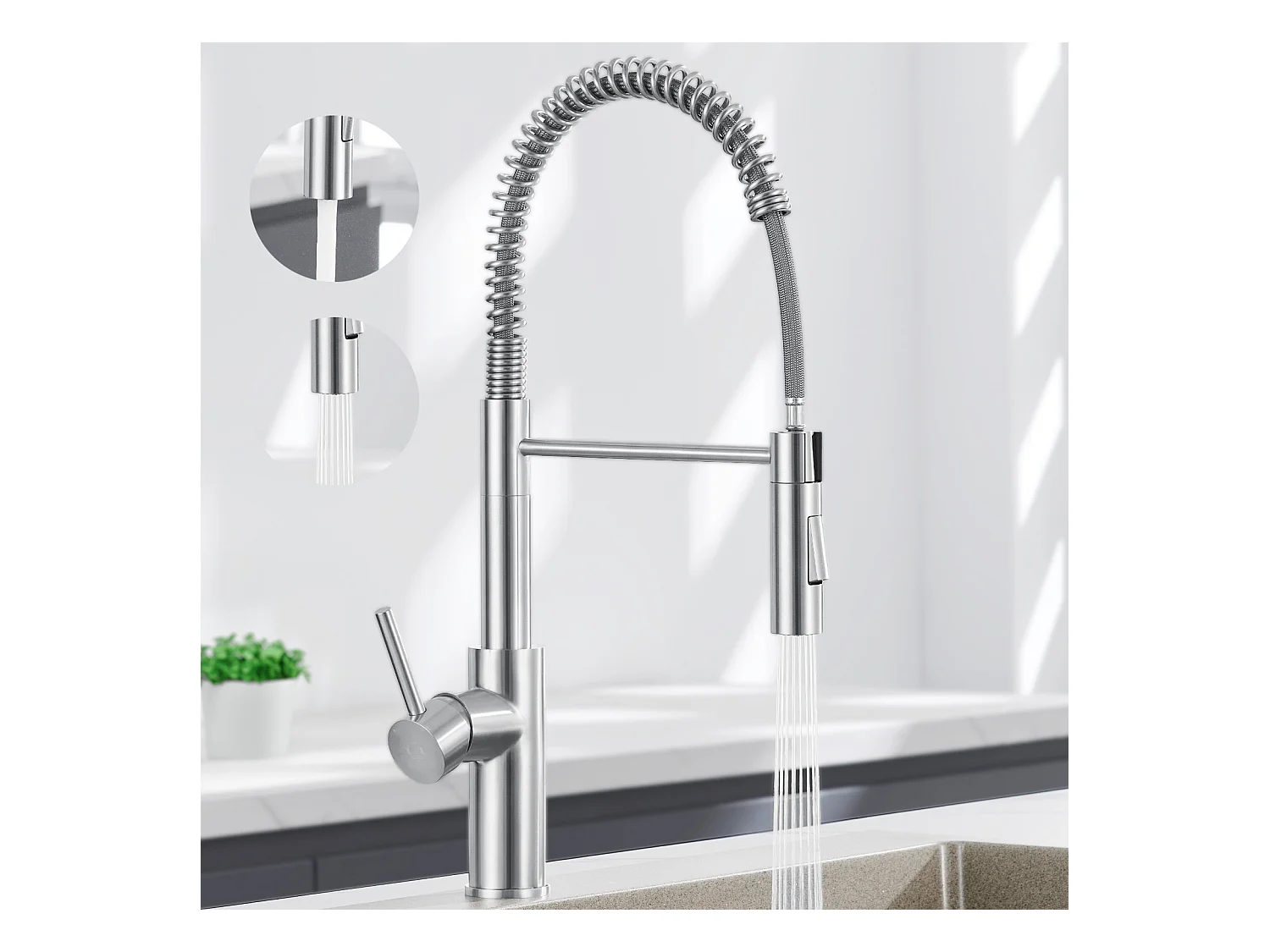 Cecipa max Spring keukenmengkraan met 2 wateruitlaatmodi spoelbakmengkraan met uittrekbare straal 360° draaibare kraan, EU-model