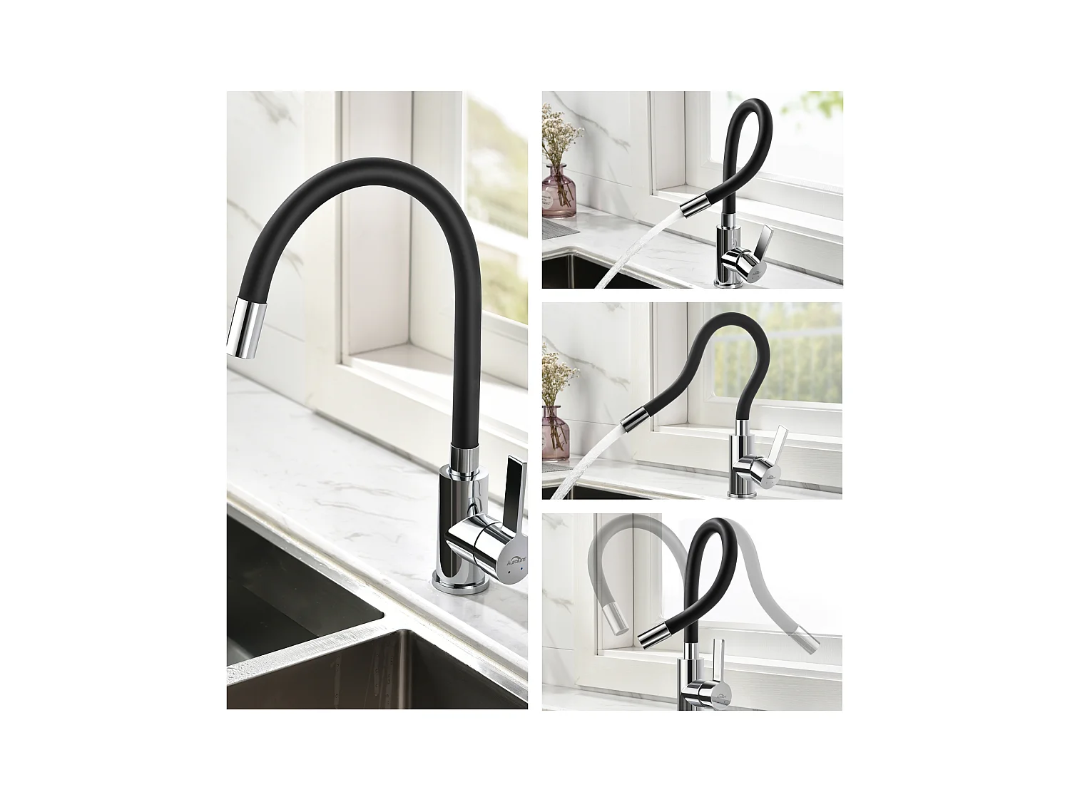 Mitigeur Cuisine Noir Flexible Bec Haut Orientable Librement Robinet Évier Laiton Mémoire de Forme Robinet Evier Monotrou Eau Chaude/ Froide