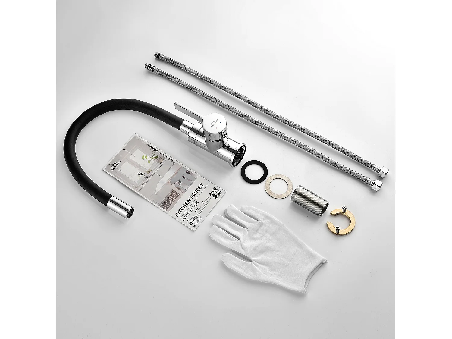 Mitigeur Cuisine Noir Flexible Bec Haut Orientable Librement Robinet Évier Laiton Mémoire de Forme Robinet Evier Monotrou Eau Chaude/ Froide