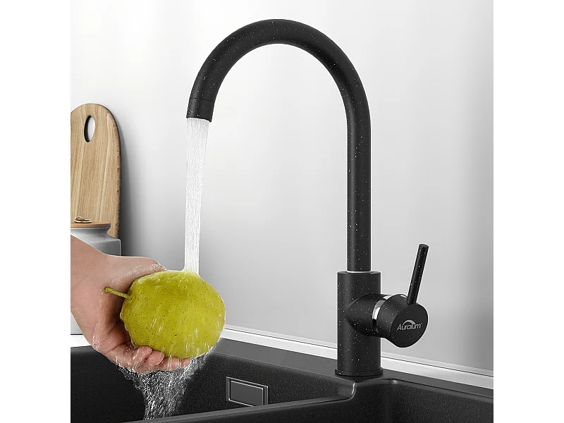 Keukenkraan Hoge Uitloop Wastafelmengkraan 360° Draaibaar Keukenmengkraan Koud/Warm Water, in Messing, met Demonteerbare Beluchter, Zwart Grafiet, EU Model