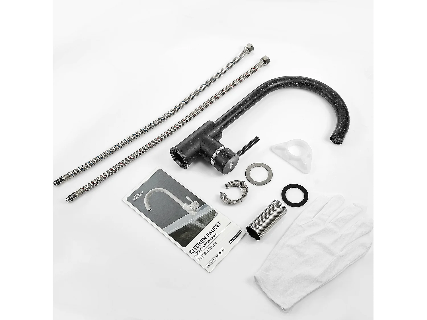 Robinet Cuisine Bec Haut Mitigeur Evier Rotatif 360° Mitigeur Cuisine à Eau Froide/Chaude,en Laiton,avec Aérateur Démontable,Noir Graphite,EU Modèle