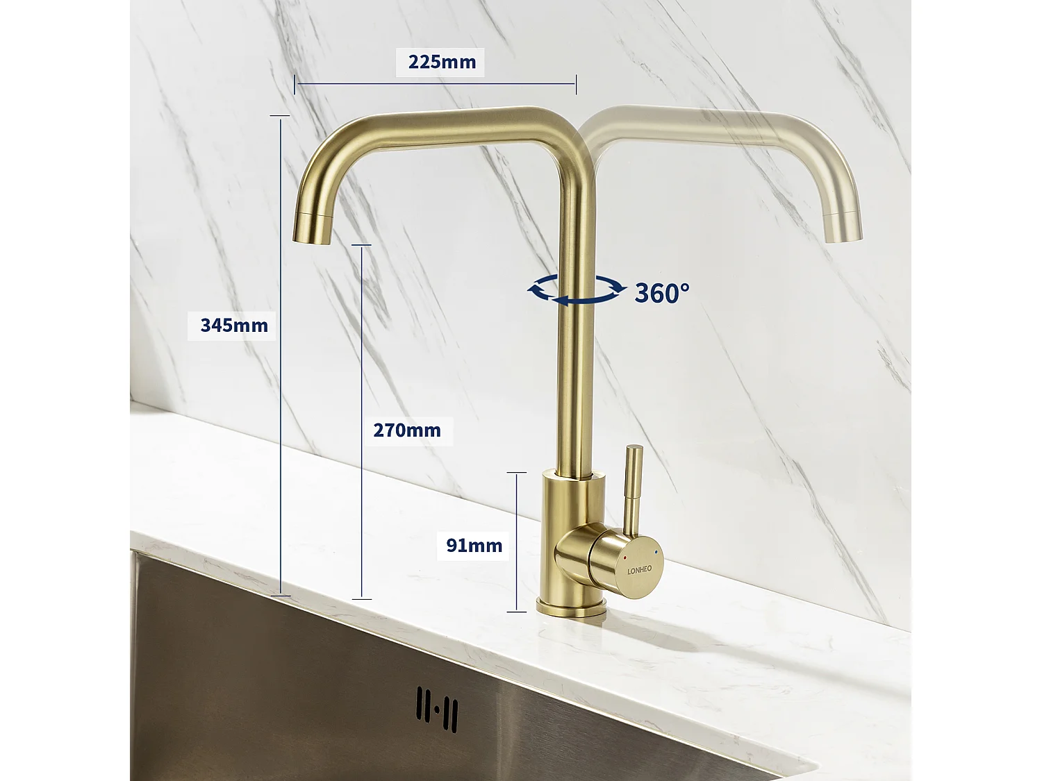 Robinet Cuisine Mitigeur Doré 7-Forme Bec Haut Rotatif 360°Robinetterie Monotrou Mélangeur de Cuisine Evier Robinetterie Mitigeur Eau et Froide