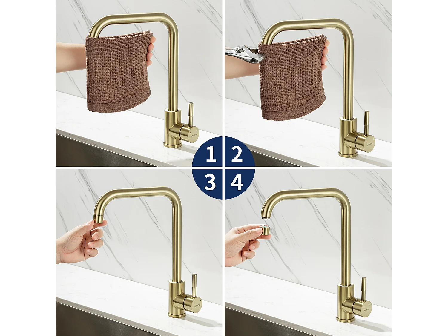 Robinet Cuisine Mitigeur Doré 7-Forme Bec Haut Rotatif 360°Robinetterie Monotrou Mélangeur de Cuisine Evier Robinetterie Mitigeur Eau et Froide