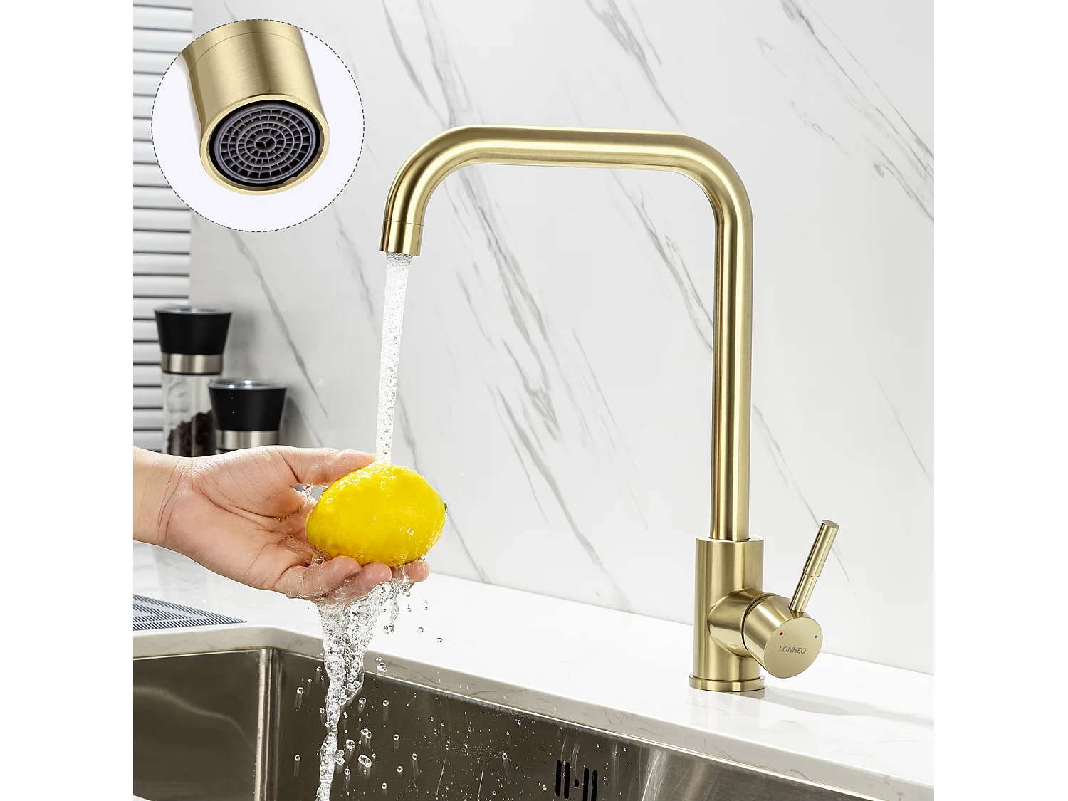 Keukenkraan Gouden Mengkraan 7-Vorm Hoge Uitloop Draaibaar 360° Monogats Kraan Keukenmengkraan Aanrecht Kraan Mengkraan Water en Koud