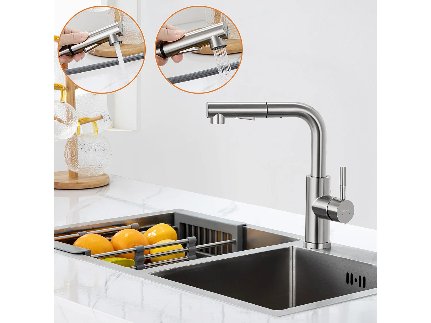 Rubinetto da cucina 7-forma con 2 funzioni Doccia estraibile MiscelatoreCucina in acciaio inossidabile rotante a 360°,Spazzolato