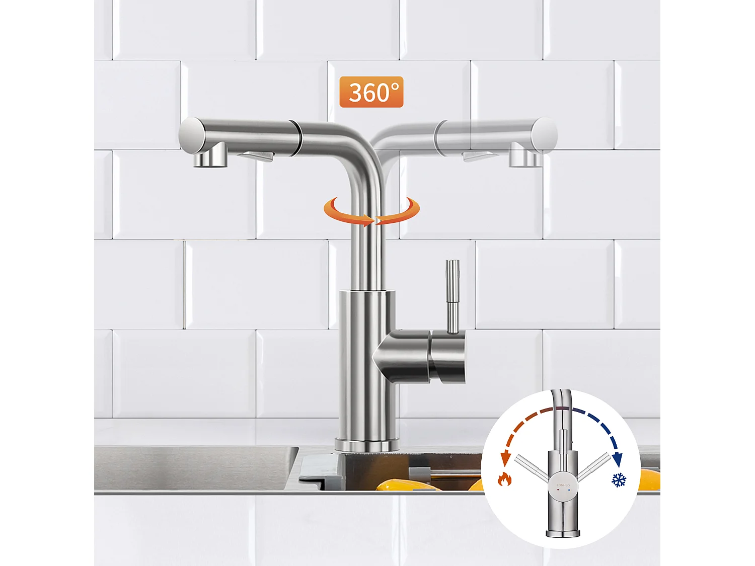 Rubinetto da cucina 7-forma con 2 funzioni Doccia estraibile MiscelatoreCucina in acciaio inossidabile rotante a 360°,Spazzolato