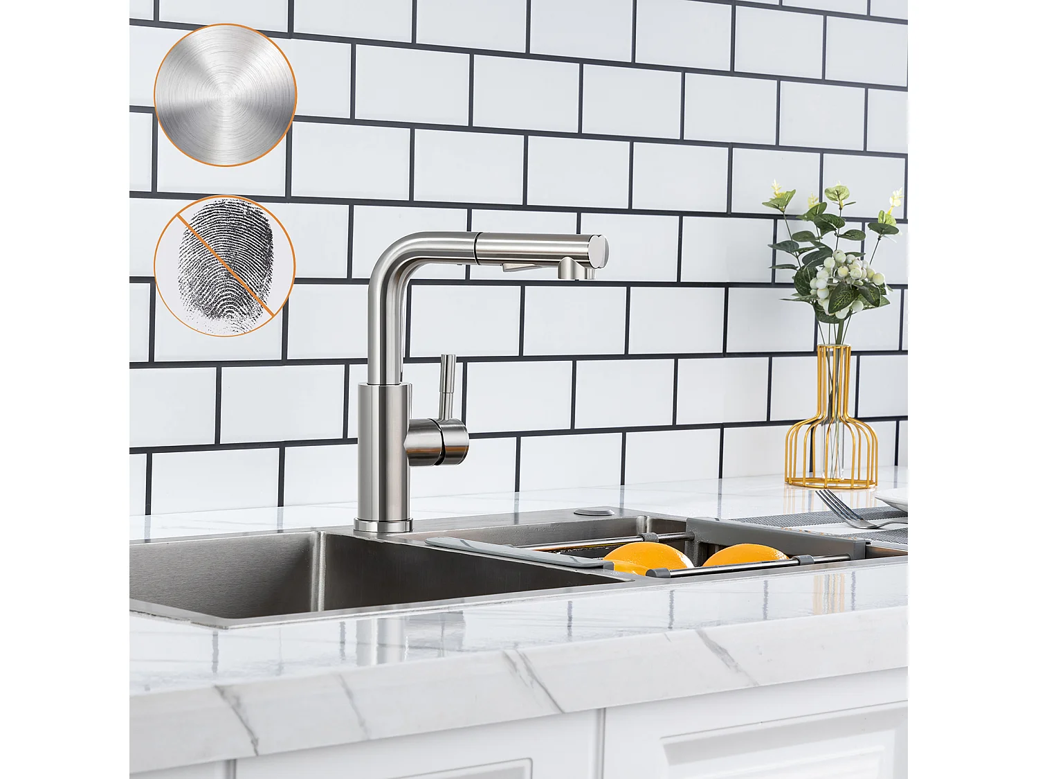 Rubinetto da cucina 7-forma con 2 funzioni Doccia estraibile MiscelatoreCucina in acciaio inossidabile rotante a 360°,Spazzolato