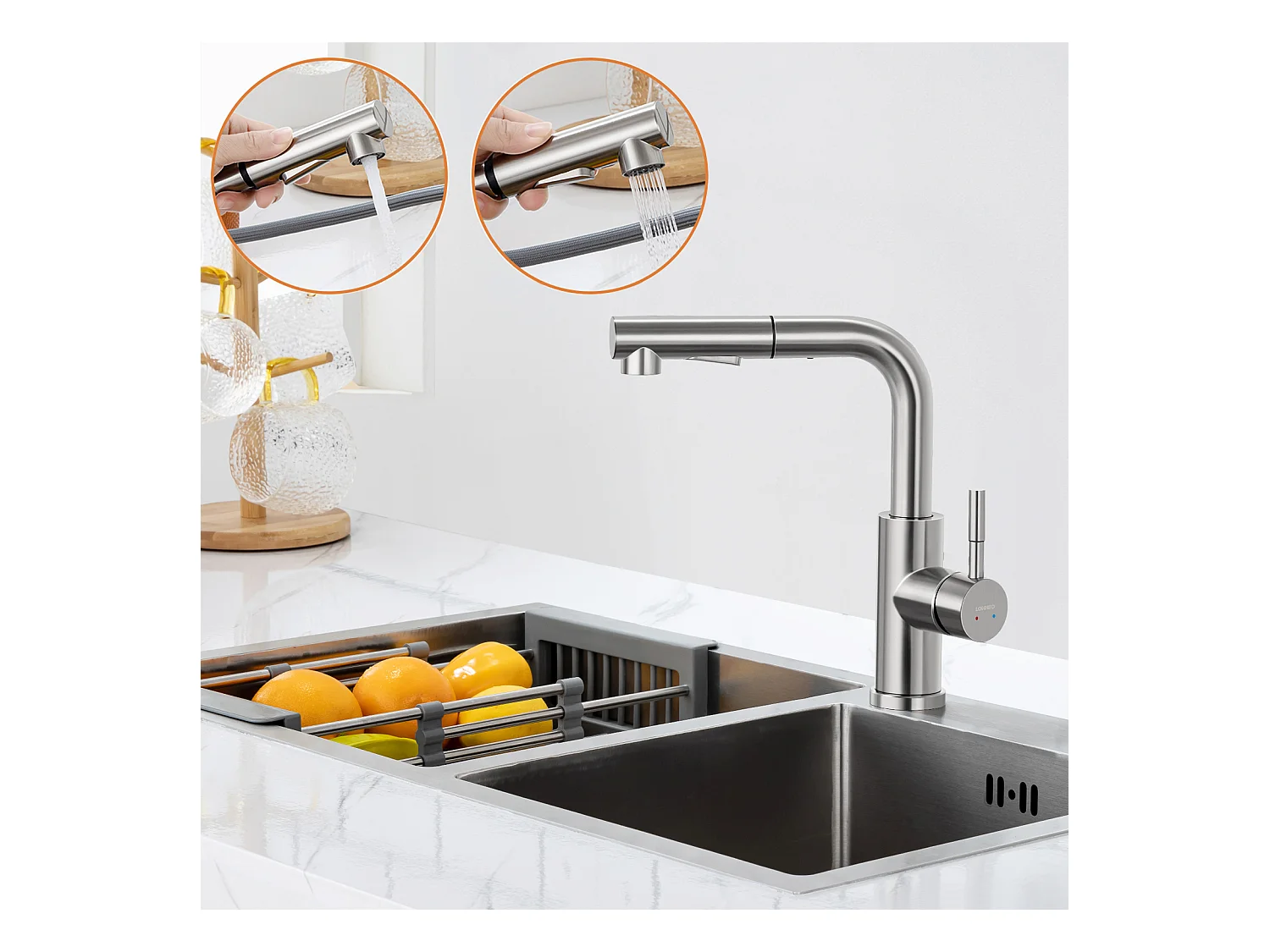Robinet de Cuisine 7-forme avec 2 Fonctions Douchette Extractible Mitigeur Cuisine en Acier Inox Rotatif à 360° avec Barboteur démotable,Brossé