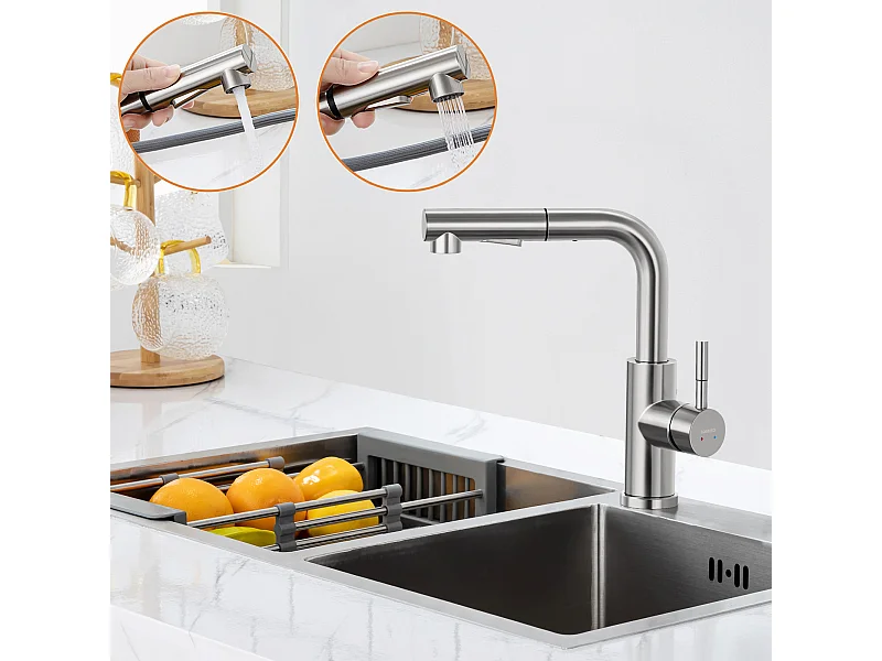 Robinet de Cuisine 7-forme avec 2 Fonctions Douchette Extractible Mitigeur Cuisine en Acier Inox Rotatif à 360° avec Barboteur démotable,Brossé