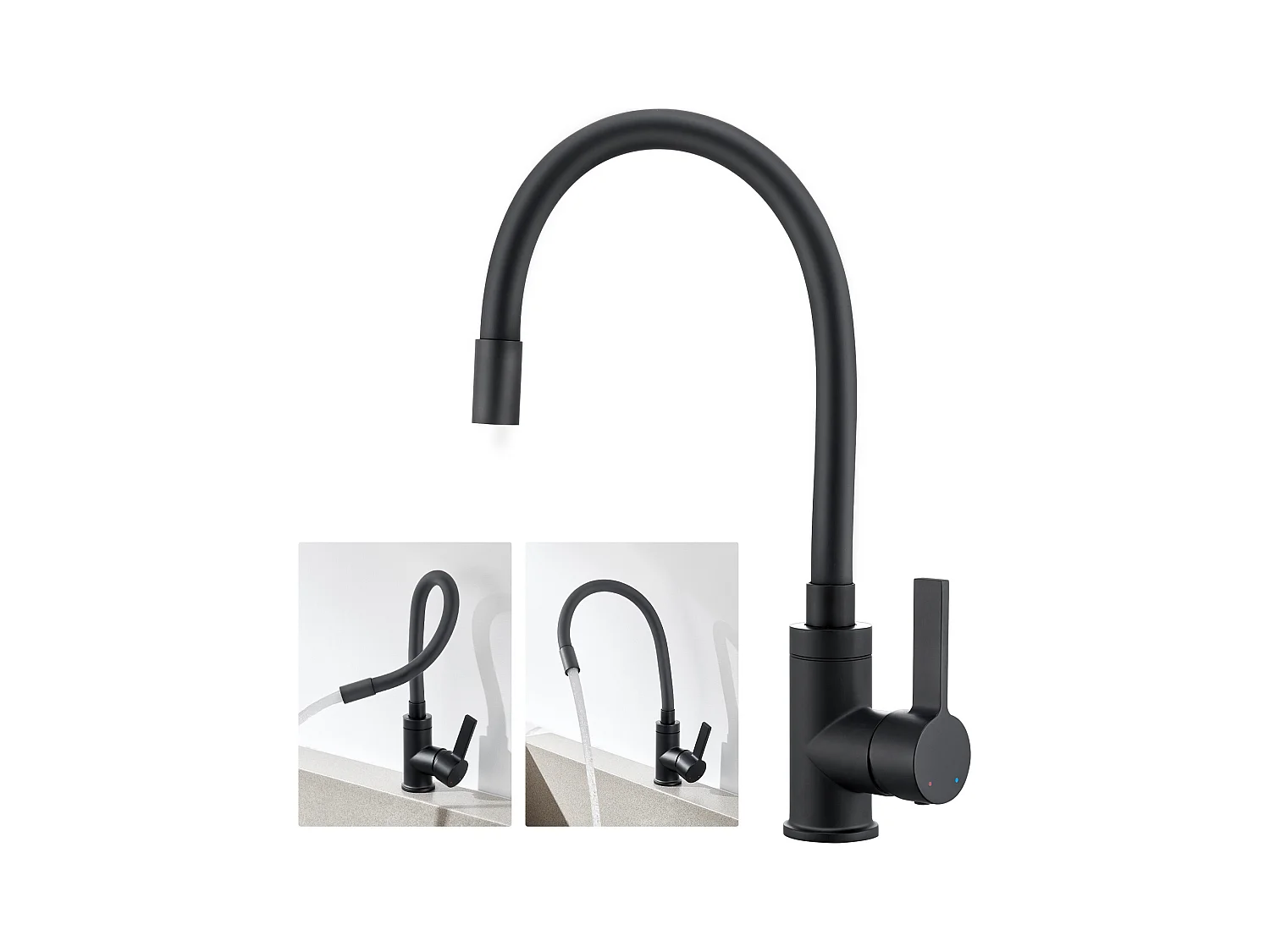 Mitigeur  Cuisine Flexible Bec Haut Orientable Librement Mitigeur Évier Flexible Pivotant à 360° Robinet Evier Monotrou Eau Chaude/Froide,Noir