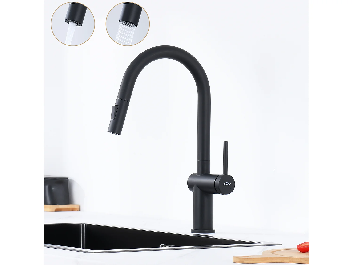 AuraLumMax Keukenmengkraan Uittrekbare Douche,Spoelbakkraan met 2 Functies,Zwart 360° Draaibare Keukenkraan,Moderne Gootsteenmengkraan,EU Model