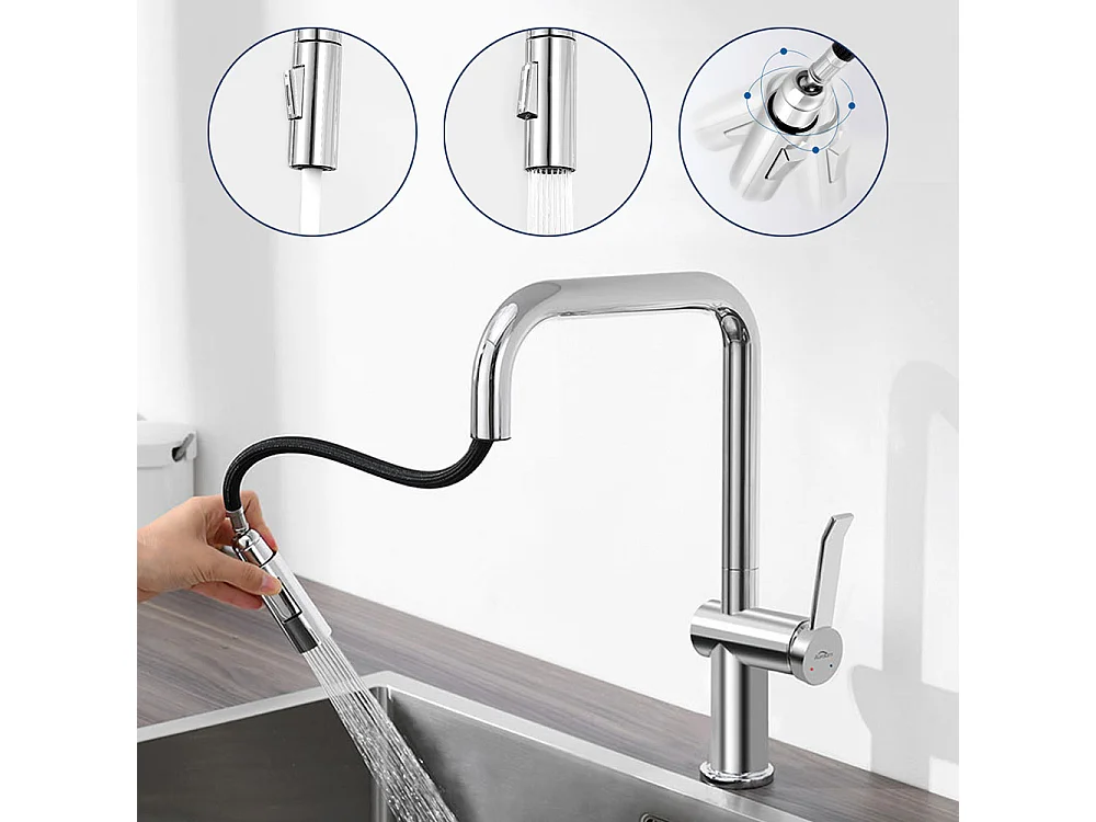 AuraLum Max Robinet Cuisine Douchette,Mitigeur Cuisine avec Douchette Extractible,Mitigeur Evier Rotatif 360°,2 Jets,Froid/Chaud,EU Modèle