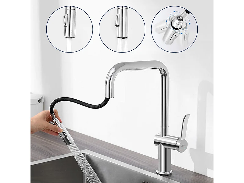 AuraLum Max Robinet Cuisine Douchette,Mitigeur Cuisine avec Douchette Extractible,Mitigeur Evier Rotatif 360°,2 Jets,Froid/Chaud,EU Modèle