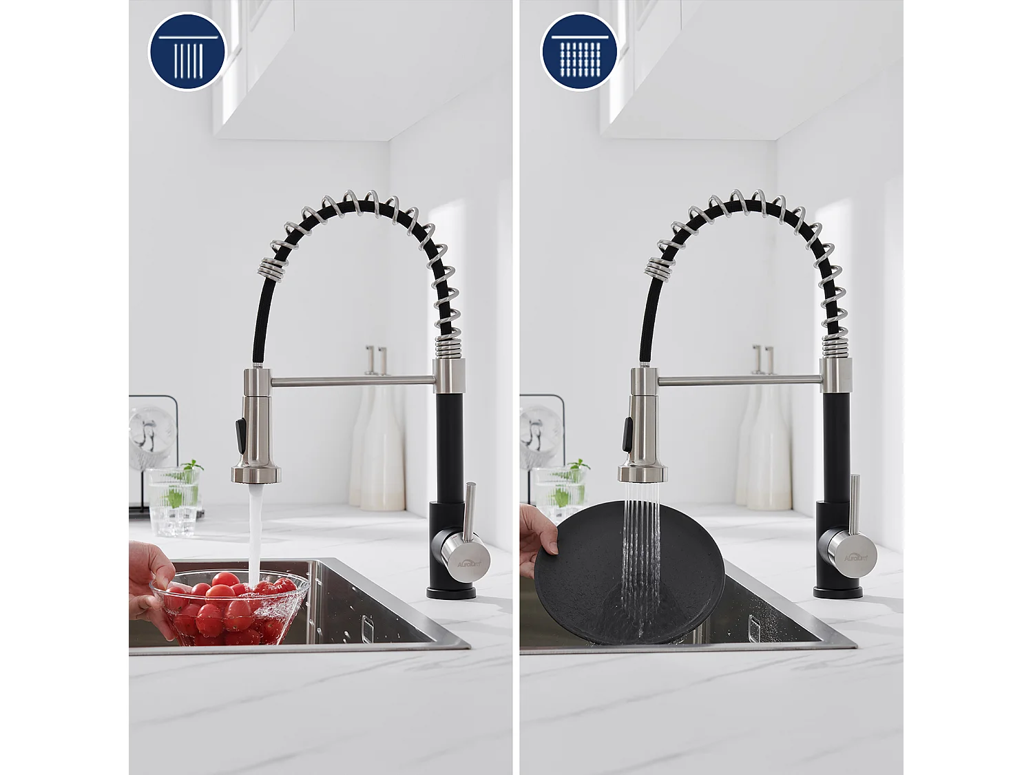 Mitigeur de Cuisine Noir AuraLum Max pivotant 360° avec Tête Pulvérisation Rétractable,Robinet Cuisine à ressort,Inoxydable, Double Mode,EU Modèle