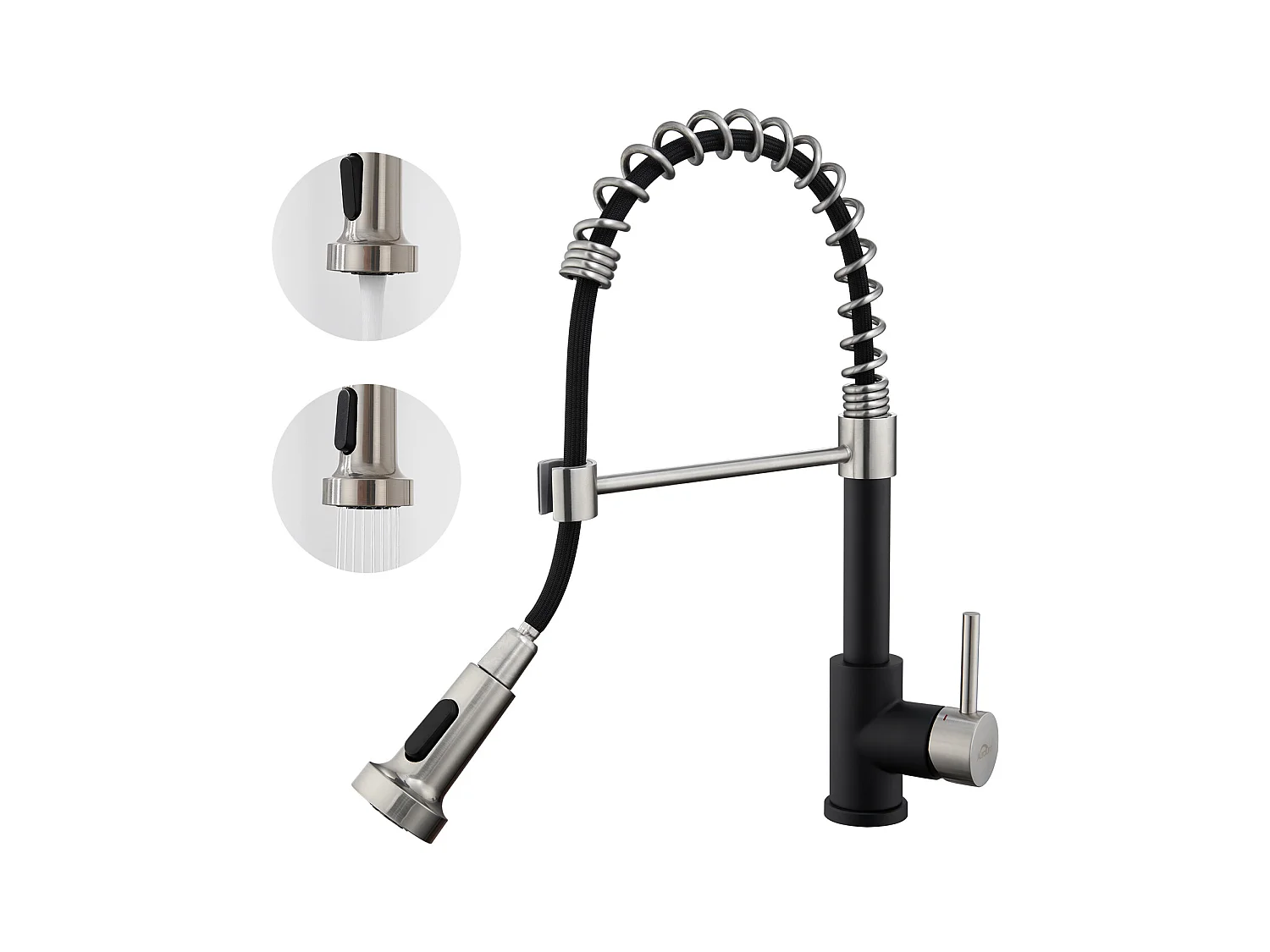 Mitigeur de Cuisine Noir AuraLum Max pivotant 360° avec Tête Pulvérisation Rétractable,Robinet Cuisine à ressort,Inoxydable, Double Mode,EU Modèle