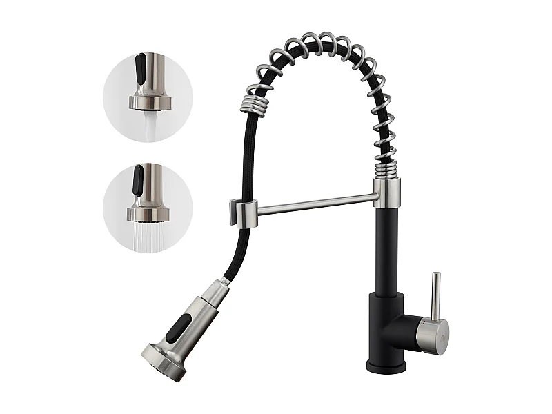Mitigeur de Cuisine Noir AuraLum Max pivotant 360° avec Tête Pulvérisation Rétractable,Robinet Cuisine à ressort,Inoxydable, Double Mode,EU Modèle