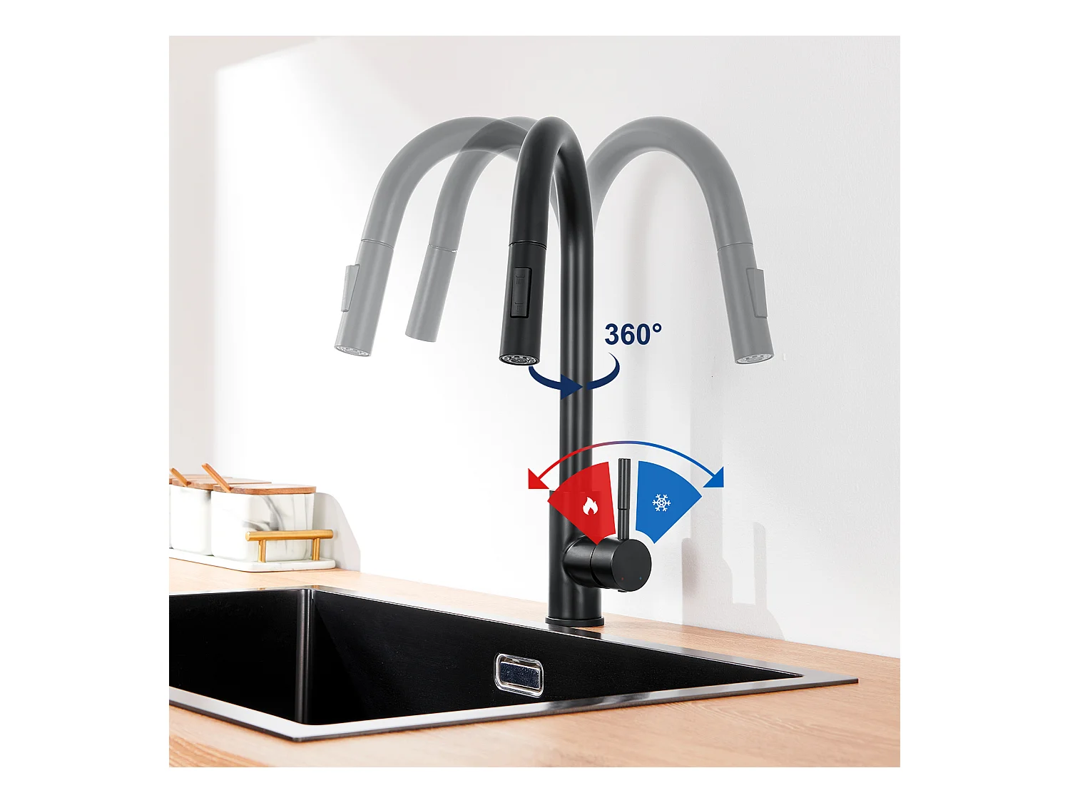 Zwarte keukenmengkraan met roestvrijstalen 360 ° roterende uittrekbare douchekraan gootsteen keukenkraan 2 functies keukenmixer