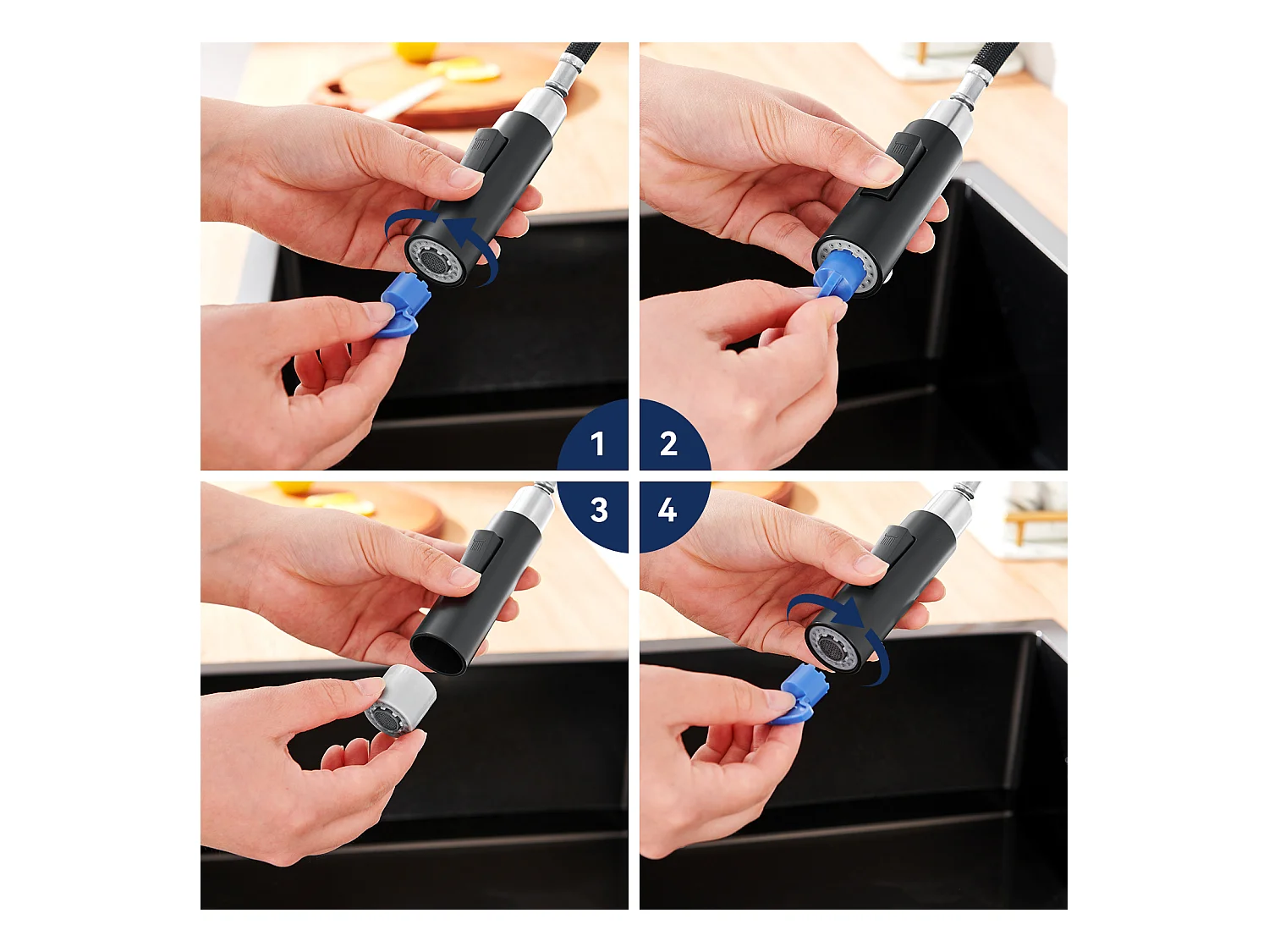 Mezclador de cocina NOir con Ducha Extraíble Giratoria 360 ° de Acero Inoxidable Grifo Cocina Fregadero 2 Funciones Mezclador de Cocina